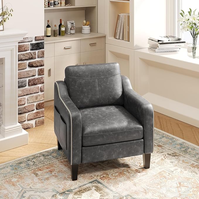 PU Leather Accent Chair, Mid-Century Modern Living Room Armchair Sofa with Removable Cushions, Solid Wood Frame & Stitched Armrest Design, Bedroom Chair with Plastic Legs, Black