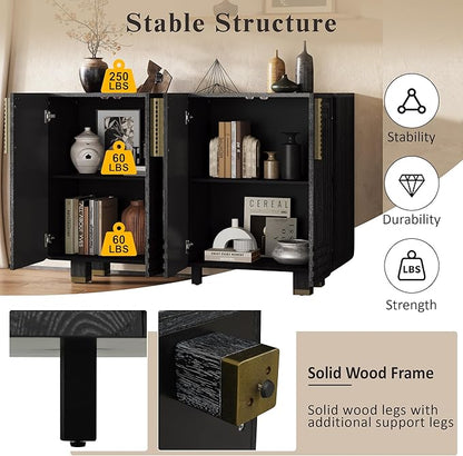 Merax Vintage Wood Storage Cabinet with Four Doors and Dark Gold Handles, Retro-Style Sideboard Buffet Cabinet with Adjustable Storage Shelves for Kitchen, Living Room, Dining Room, Hallway, Black