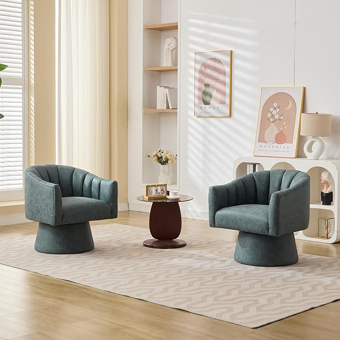 Swivel Accent Chair Set of 2,Faux Leather 360°Swivel Barrel Chair Upholstered Modern Living Room Chair, Overstuffed Reading Armchair for Bedroom,Vanity,Office-Navy