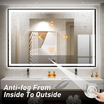 60x40 Inch LED Bathroom Mirror with Lights, Frontlit & Backlit Black Metal Frame Mirror,Double Lights Strips,Anti Fog Dimmable & 3 Colors Temperature