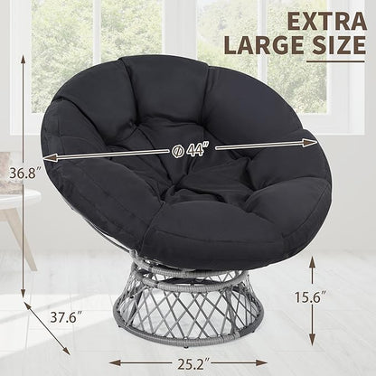 46" Giant Oversized Rattan Papasan Chair with Cushion and Frame for Adults, Fluid 360° Swivel, Waterproof, Grey Frame with Black Cushion