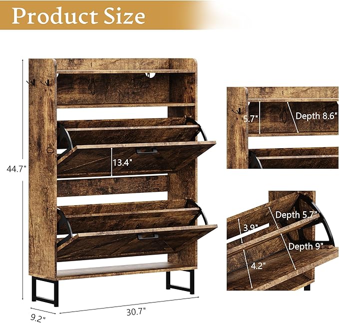 Shoe Storage Cabinet with 2 Flip Drawers, Narrow Wood Shoe Cabinet Storage for Entryway with Metal Legs & Hooks, Adjustable Shelves, Freestanding Shoe Rack Organizer for Foyer, Hallway, Brown
