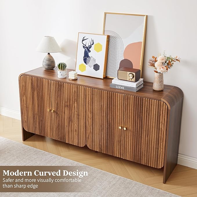 59” Large Buffets Sideboard Cabinet with Storage, Fluted Curved Credenza Buffet Table Storage Cabinet with 4 Doors, Modern Wood Accent Console Table Coffee Bar for Living Room Kitchen Hallway, Walnut