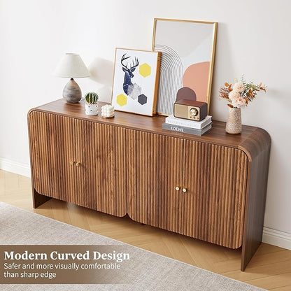 59” Large Buffets Sideboard Cabinet with Storage, Fluted Curved Credenza Buffet Table Storage Cabinet with 4 Doors, Modern Wood Accent Console Table Coffee Bar for Living Room Kitchen Hallway, Walnut