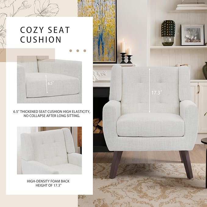 Accent Chair, Mid-Century Modern Upholstered Armchair, Comfy Fabric Living Room Chairs Reading Chairs with Button Tufted Back & Solid Wood Legs for Bedroom, Office, Beige