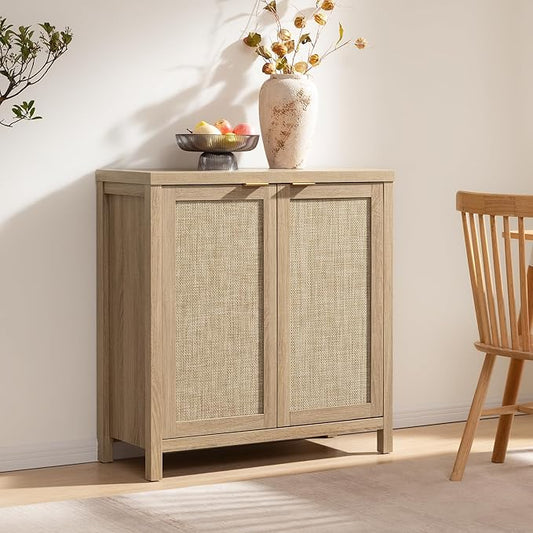 SICOTAS Rattan Sideboard Buffet Cabinet with Large Storage - Boho Credenza Coffee Bar Cabinet with Adjustable Shelves, Buffet Console Table for Kitchen Living Room Hallway - Natural