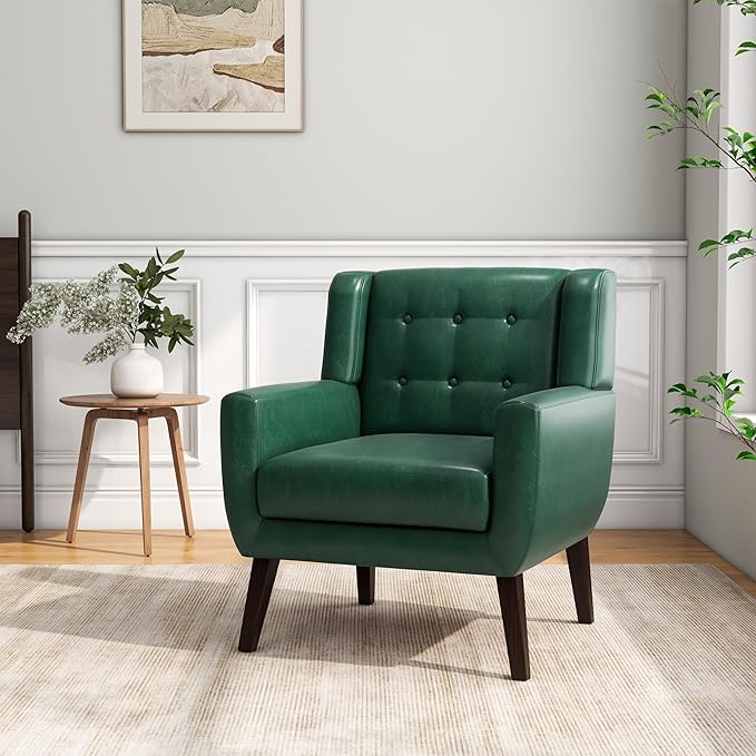 Accent Chair, Mid-Century Modern PU Leather Chairs with Arms for Living Room, Comfy Upholstered Club Single Sofa Armchair for Bedroom Waiting Room with Solid Wood Frame（Leather Green, Set of 2)