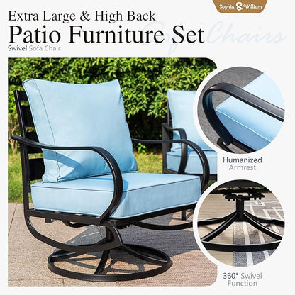 Sophia & William Patio Furniture Sets for 7 Outdoor Conversation Set 6 Pcs with 4 x Armrest Cushioned Sofa Chairs, 1 x 3-Seat Sofa, 1 Marbling Metal Coffee Table Garden Backyard Poolside Blue