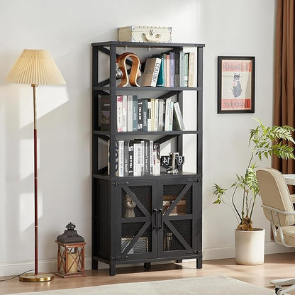 5 Tier Bookshelf 70" Tall Bookcase with Barn Doors,Large Farmhouse Display Book Shelf with Adjustable Shelves and Storage Cabinet， Wood Bookshelves for Living Room,Kitchen,Antique Black(2PCS)