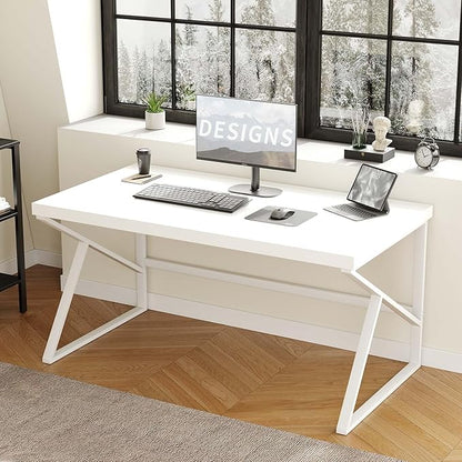 HSH White Computer Desk, Modern Wood Home Office Desk, PC Desk for Executive Work Writing Study Gaming Student Bedroom, Farmhouse Simple Wooden and Metal Computer Table Workstation, White Oak 55 Inch
