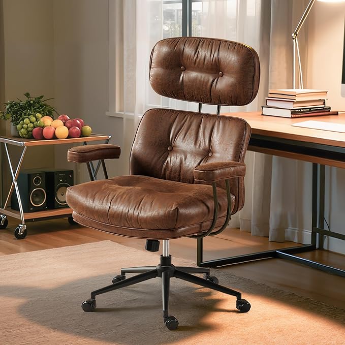 Mid-Century Modern Office Chair, Home Office Desk Chair with Adjustable Lumbar Support, Thickened Cushion Executive Desk Chair with 360 Rolling Swivel for Meeting Game Study Room(Dark Brown)