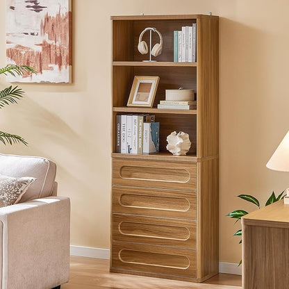 Bookcase with 4 Drawers, 72.1" Tall Bookshelf with 3 Storage Shelves, Large Bookshelves Cabinet for Living Room, Bedroom, Home Office (Oak Brown)