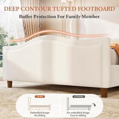 koorlian Queen Size Bed Frame Chenille Upholstered Platform Bed with 51" Tall Headboard and High Deep Tufted Footboard, Modern Retro Minimalist Style Wingback Sleigh Bed, Easy Assembly, Cream