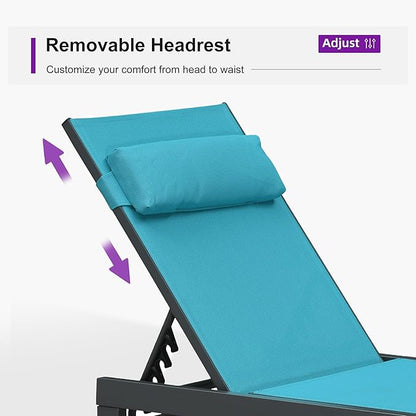PURPLE LEAF Patio Lounge Chair Set of 3 Outdoor Chaise Lounger Aluminum Frame with Side Table and Wheels for Pool Outside Sunbathing Tanning Recliner Including Pillows Turquoise Blue