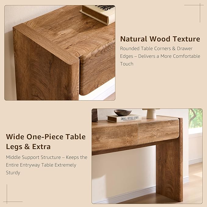 OKD 63'' Console Table with 3 Drawers, Farmhouse Entryway Table with Rounded Corners, Console Table Behind Couch for Living Room/Hallway-Light Knotty Oak