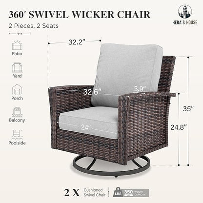 HERA'S HOUSE High Back Outdoor Swivel Chairs with 5.5" Thick Cushions, Wicker Rattan Patio Chairs Set of 2, Porch Deck Balcony Backyard Furniture, Grey