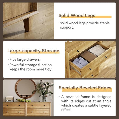 5 Drawer Dresser for Bedroom, Tall Modern Chest of Drawers, Beveled Profile Design, Wood Drawer Organizer for Bedroom, Living Room, Hallway and Entryway,Oak