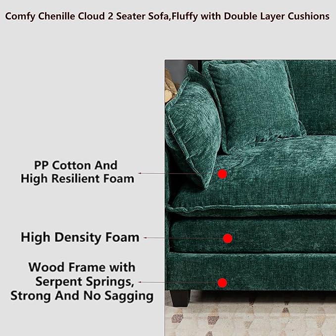 Aoowow Modular Sectional 2 Seater Cloud Sofa Couch for Living Room,78" Loveseat Couch with Deep Seat,Modern Chenille 2 Seat Sofas,Fluffy Small Couches for Bedroom,Small Spaces (Green, 2 Seater)