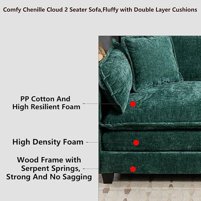 Aoowow Modular Sectional 2 Seater Cloud Sofa Couch for Living Room,78" Loveseat Couch with Deep Seat,Modern Chenille 2 Seat Sofas,Fluffy Small Couches for Bedroom,Small Spaces (Green, 2 Seater)