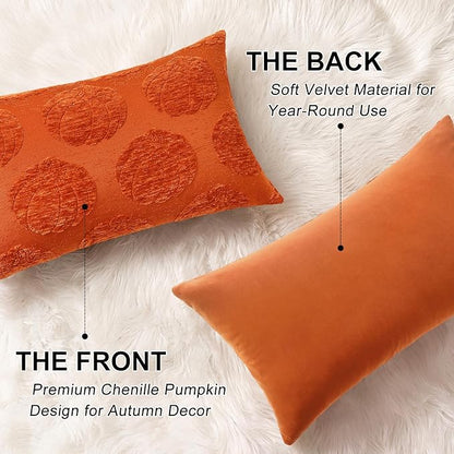decorUhome Decorative Rust Pumpkin Thanksgiving Throw Pillow Covers 12x20 Set of 2, Soft Chenille Jacquard Farmhouse Textured Pillow Covers for Couch Bed Sofa Autumn Harvest Halloween Holiday