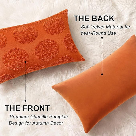 decorUhome Decorative Rust Pumpkin Thanksgiving Throw Pillow Covers 12x20 Set of 2, Soft Chenille Jacquard Farmhouse Textured Pillow Covers for Couch Bed Sofa Autumn Harvest Halloween Holiday