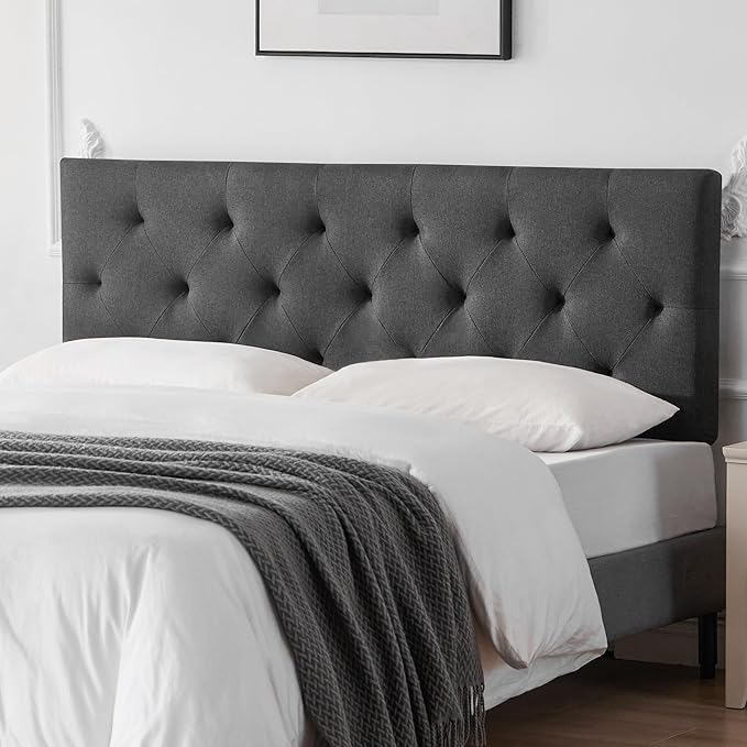 Linen Upholstered Headboard Full Size, Modern Diamond Tufting Solid Wood Full XL Headboard Only, Adjustable Height from 37” to 51” Head Board, Bed Frame or Wall Mount Headboards, Dark Grey