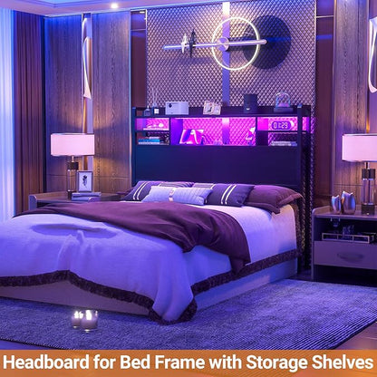 Aheaplus Headboard for Full Size Bed with Storage, Headboards with LED Light, Power Outlets, USB Ports Full Size Head Board, Wood headboard Only Sturdy and Stable Headboards, Modern, Black