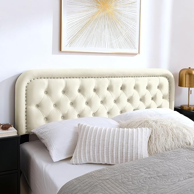 Tufted Upholstered Headboard,Button Solid Wood HeadBoards with Adjustable Height,Modern Performance Velvet Bed Head Boards,Easy Install&Nailhead (Beige, Queen)