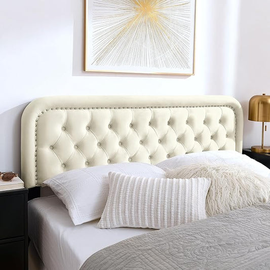 Tufted Upholstered Headboard,Button Solid Wood HeadBoards with Adjustable Height,Modern Performance Velvet Bed Head Boards,Easy Install&Nailhead (Beige, King)