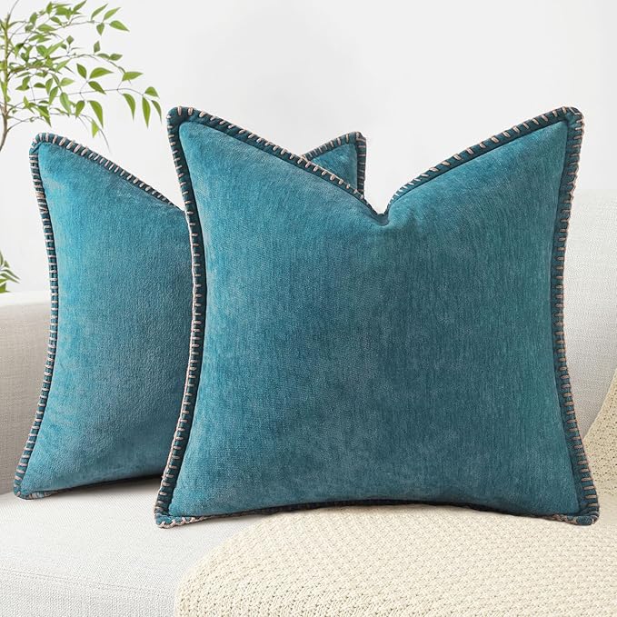 decorUhome Chenille Soft Throw Pillow Covers 16x16 Set of 2, Farmhouse Velvet Neutral Decorative Euro Pillow Covers with Stitched Edge for Couch Sofa Bed Home Decor, Teal