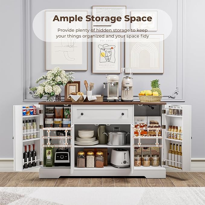 55.1" Buffet Cabinet with Storage, Charging Station, Modern Kitchen Buffet Sideboard with Drawer, White Wood Coffee Bar with Adjustable Shelves & Spice Rack, Kitchen Storage Cabinet for Living Room