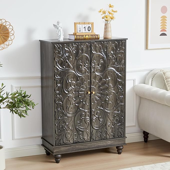 Sideboard Buffet Cabinet with Storage, Kitchen Storage Cabinet with Adjustable Shelves and 2 Doors, Vintage Accent Table for Living Room, Hallway (Grey)