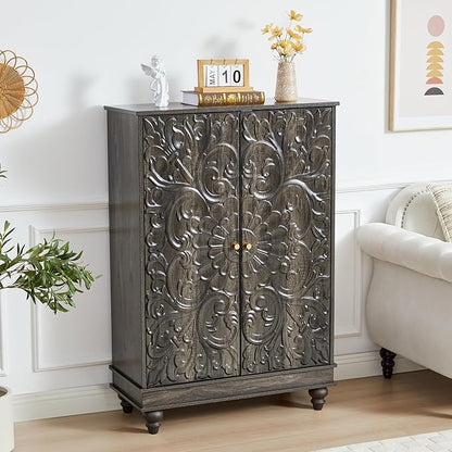 Sideboard Buffet Cabinet with Storage, Kitchen Storage Cabinet with Adjustable Shelves and 2 Doors, Vintage Accent Table for Living Room, Hallway (Grey)