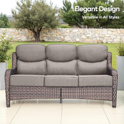 Swivel Patio Chairs sofa Set of 7 with 6" Thick Cushion - Wicker Outdoor Swivel Rocker Patio Chair ,Sofa/Glass coffee table, High Back Comfortable Outdoor Glider Chairs - Brown Wicker | Gery Cushions