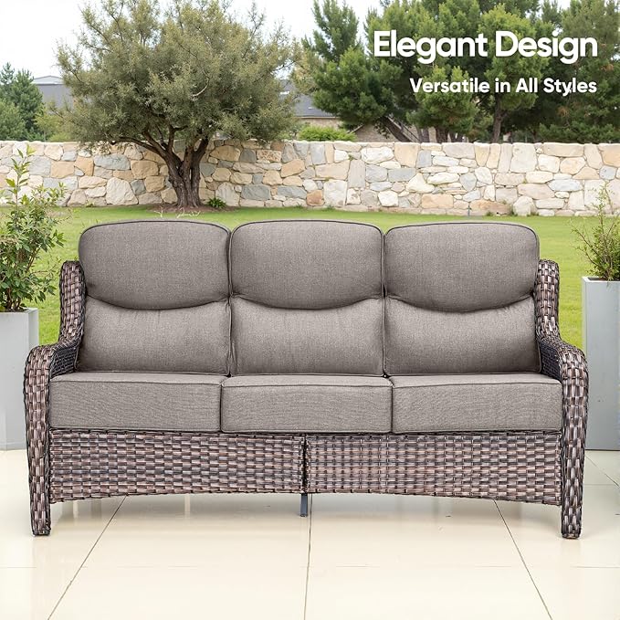 Swivel Patio Chairs sofa Set of 9 with 6" Thick Cushion - Wicker Outdoor Swivel Rocker Patio Chair ,Sofa/Glass coffee table, High Back Comfortable Outdoor Glider Chairs -Brown Wicker | Gery Cushions