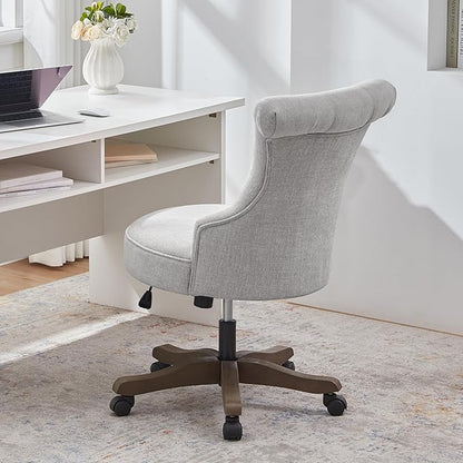 HUIMO Home Office Chair Upholstered Armless Desk Chair with Wheels Adjustable Height Computer Desk Chair with Wooden Legs Linen Comfortable Swivel Chairs for Home Office Study Studio (Light Grey)