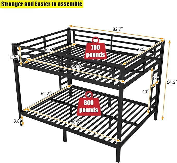 Higher Quality & Stronger Heavy Duty Steel Black Bunk Bed Queen Over Queen Size Bunkbed, Thickened More Stable Safer Metal Bunk Bed (Easier to Assemble)
