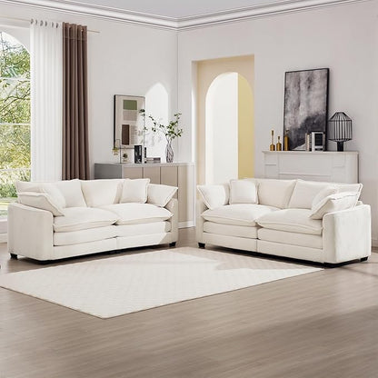 mikibama Luxury 2 Piece Sofa Set, 2 Pieces of Loveseat Couch, Modern Corduroy Comfy Cloud Couches Set for Living Room Office with 4 Armrest Pillows and 4 Toss Pillows, Beige