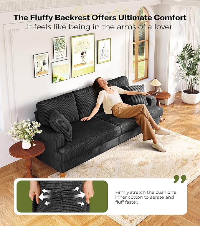 87in Corduroy Couch, Kidirect Sofa No Tool Assembly, Comfy Couches for Living Room 21in Deeper Seats, Corduroy Sofas for Living Room with 2 Pillows, Oversized Loveseat Sofa, Boho Love Seat Black Couch