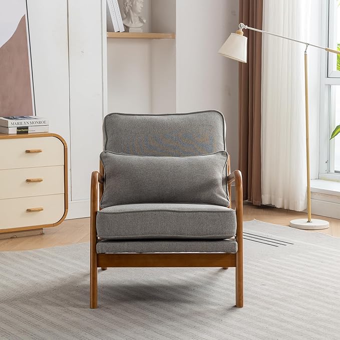 Mid-Century Accent Chair Set of 2,Linen Fabric Lounge Chair with Wide Armrest,Linen Fabric Armchair withLumbar Pillow & Solid Wood Frame for Living Room, Bedroom, Balcony(Light Gray)