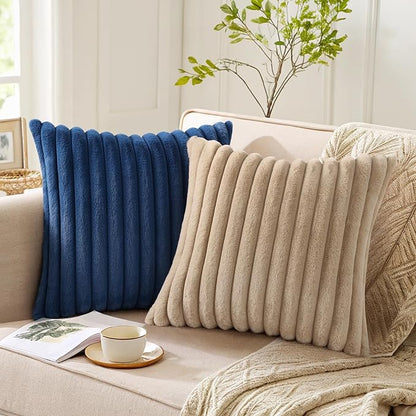 Pallene Faux Fur Plush Throw Pillow Covers 20x20 Set of 2, Luxury Soft Fluffy Striped Decorative Pillow Covers for Sofa, Couch, Living Room, Navy Blue