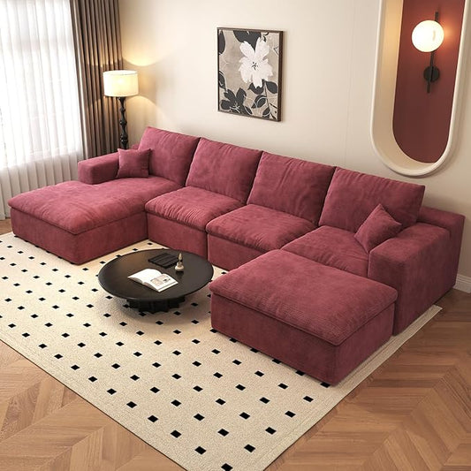 136.6'' U-Shaped Modern Modular Sectional Cloud Couch Whit Ottoman, 4-Seat Chenille Deep-Seat Sofa with Pillow for Living Room, Bedroom, Apartment, Wine Red