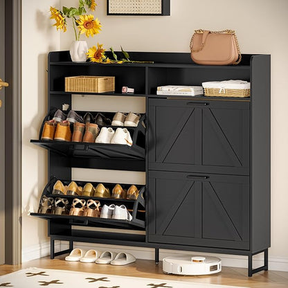 Shoe Cabinet Storage for Entryway, Shoe Storage Cabinet with 4 Flip Drawers, Freestanding Narrow Shoe Rack Organizer with Metal Legs, Adjustable Shelves & Open Storage for Foyer, Hallway, Black