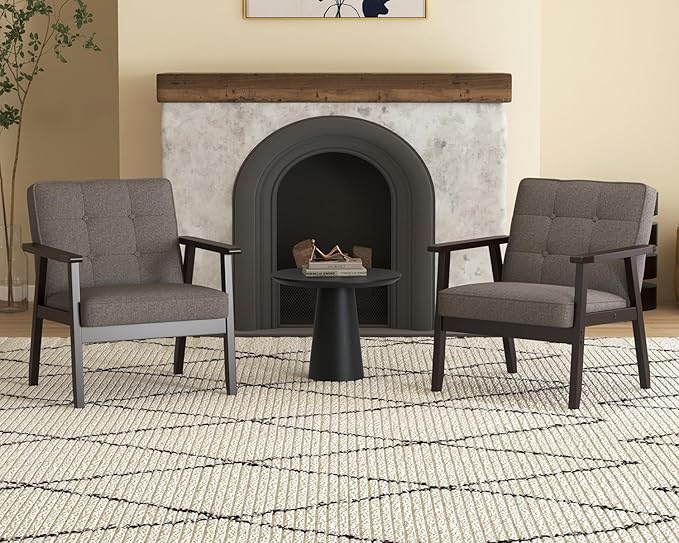 Modern Accent Chair with Arm Rest Set of 2, Upholstered Linen Fabric Leisure Chair Comfy Side Chair with Backrest Button and Wooden Frame for Living Room Bedroom Reading(Gray)