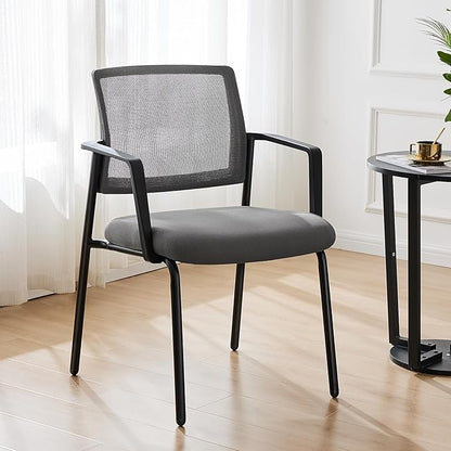DUMOS Grey Stackable Arm Chairs with Mesh Back and Upholstered Fabric, Sturdy Metal Frame, Easy to Store and Use, Perfect for Indoor and Outdoor Spaces, 4 Chair