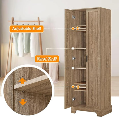 Tall Storage Cabinet, Bathroom Floor Freestanding Storage Cabinet with 2 Doors, 5 Shelves, and Adjustable Shelves for Bathroom, Office, Living Room, Brown