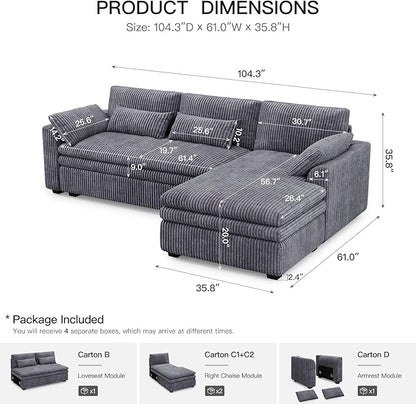 Belffin Large Modular Sectional Sofa with Deep Chaise, 104" Corduroy L Shaped Couch with 9" Soft Dual-Layer Seats Cushion for Living Room, Apartment, Light Grey
