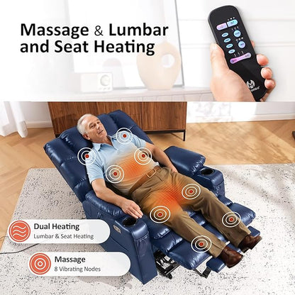 MCombo Large Triple Motor Power Lift Recliner Chair with Massage and Dual Heating, Adjustable Headrest for Tall Elderly People, Faux Leather 7634 (Blue, Large)