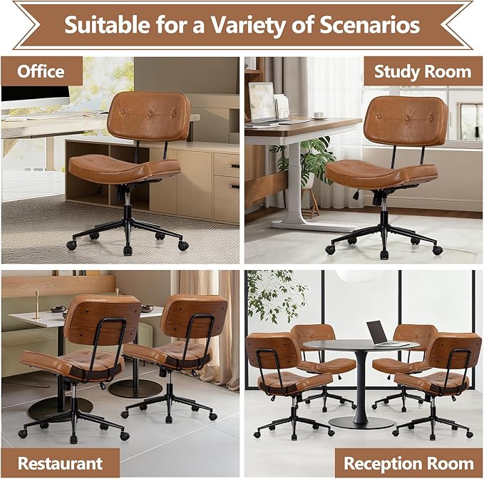 Armless Computer Chair, Small Desk Chair with Wheels and Adjustable Height, PU Leather Modern Swivel Walnut Task Chair for Home Office, Study, Library,Brown