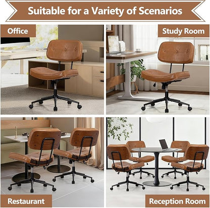 Armless Computer Chair, Small Desk Chair with Wheels and Adjustable Height, PU Leather Modern Swivel Walnut Task Chair for Home Office, Study, Library,Brown